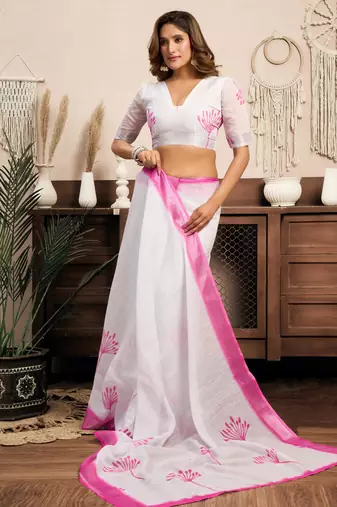 White, pink printed linen pre draped  saree with blouse