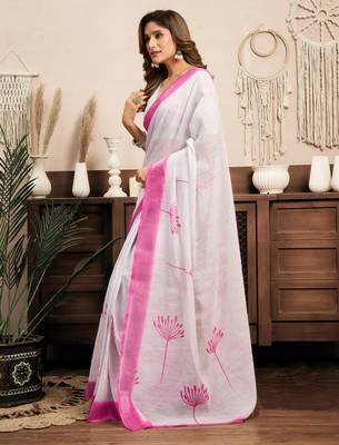 White, pink printed linen pre draped  saree with blouse 4