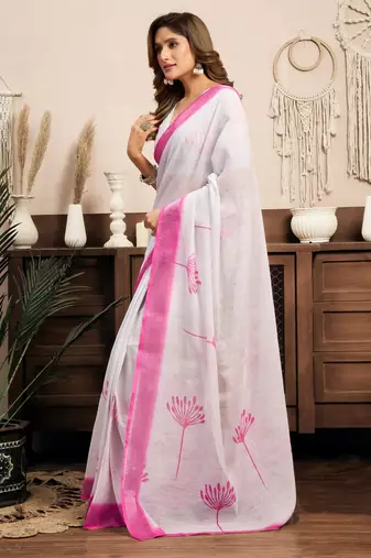 White, pink printed linen pre draped  saree with blouse