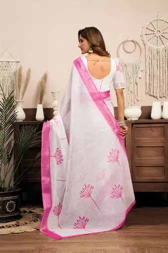 White, pink printed linen pre draped  saree with blouse