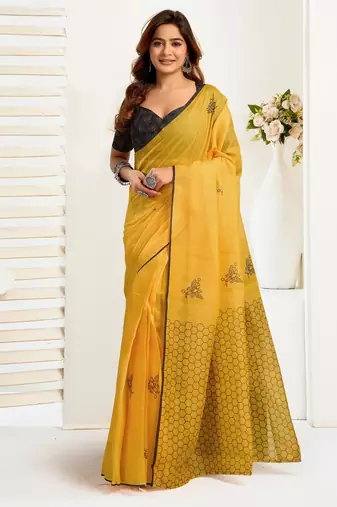 Yellow printed linen pre draped  saree with blouse