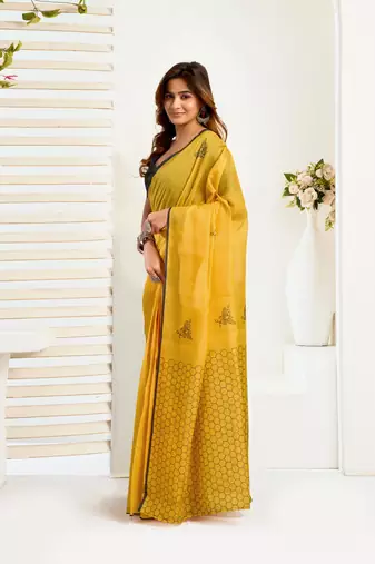 Yellow printed linen pre draped  saree with blouse