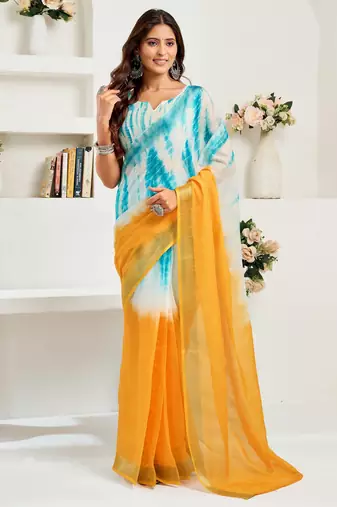 Yellow, blue printed linen pre draped  saree with blouse