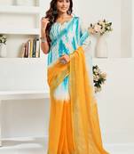 Yellow, blue printed linen pre draped  saree with blouse