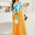 Yellow, blue printed linen pre draped  saree with blouse