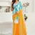 Yellow, blue printed linen pre draped  saree with blouse