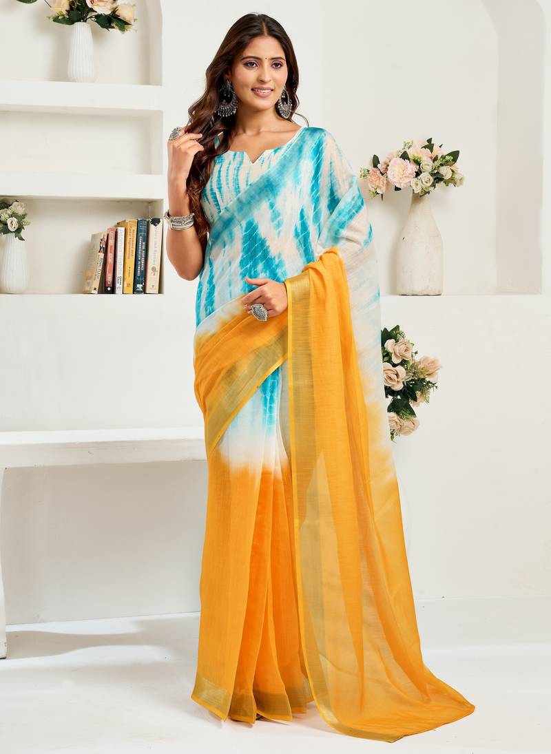 Yellow, blue printed linen pre draped  saree with blouse