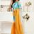 Yellow, blue printed linen pre draped  saree with blouse