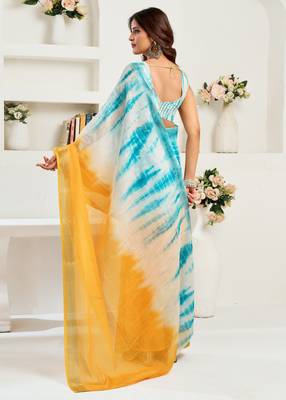 Yellow, blue printed linen pre draped  saree with blouse 4