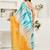 Yellow, blue printed linen pre draped  saree with blouse