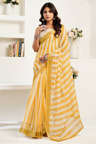 Yellow, white printed linen pre draped  saree with blouse