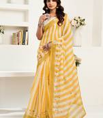Yellow, white printed linen pre draped  saree with blouse