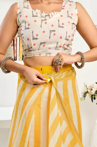 Yellow, white printed linen pre draped  saree with blouse