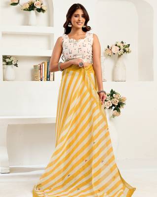 Yellow, white printed linen pre draped  saree with blouse 3