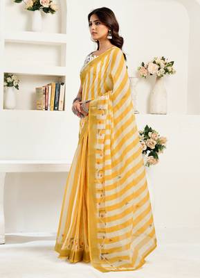 Yellow, white printed linen pre draped  saree with blouse 4