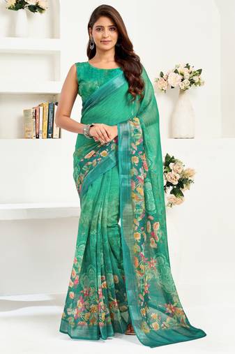 Green printed linen pre draped  saree with blouse