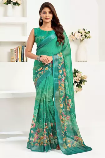 Green printed linen pre draped  saree with blouse