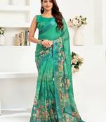 Green printed linen pre draped  saree with blouse