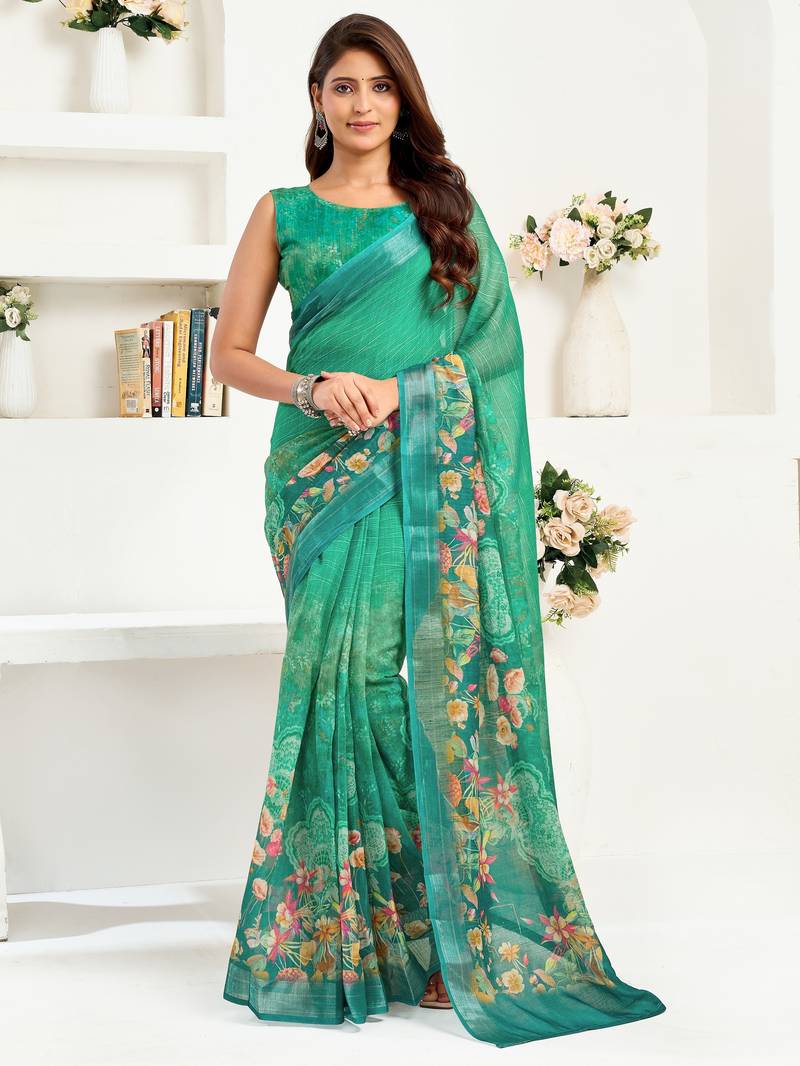 Green printed linen pre draped  saree with blouse