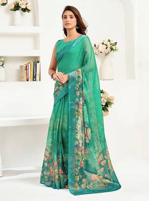 Green printed linen pre draped  saree with blouse 4