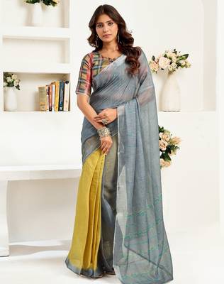 Grey printed linen pre draped  saree with blouse 1