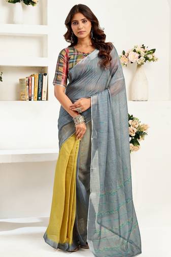 Grey printed linen pre draped  saree with blouse