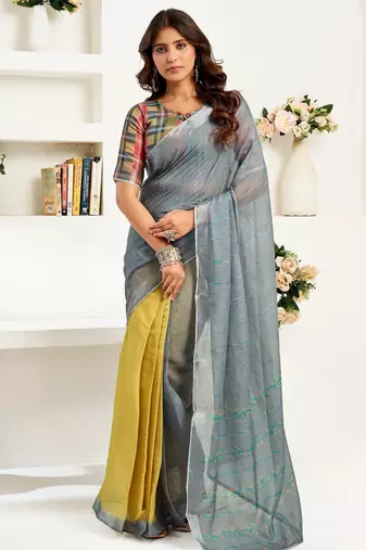 Grey printed linen pre draped  saree with blouse