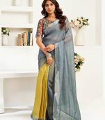 Grey printed linen pre draped  saree with blouse