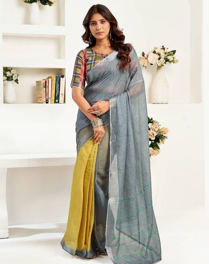 Grey printed linen pre draped  saree with blouse