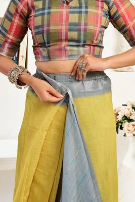 Grey printed linen pre draped  saree with blouse 2