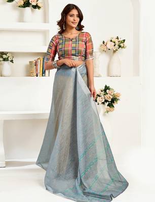 Grey printed linen pre draped  saree with blouse 3