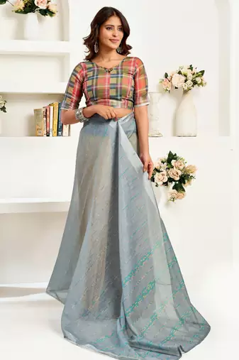 Grey printed linen pre draped  saree with blouse