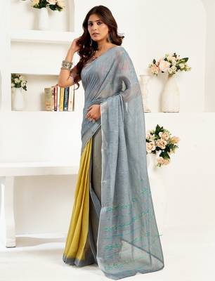 Grey printed linen pre draped  saree with blouse 4