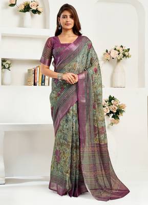 Multicolor printed linen pre draped  saree with blouse 1