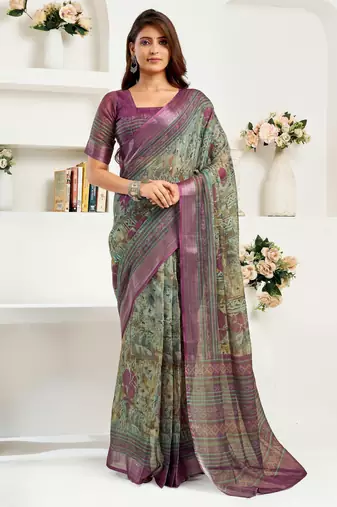 Multicolor printed linen pre draped  saree with blouse