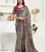 Multicolor printed linen pre draped  saree with blouse