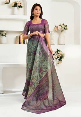Multicolor printed linen pre draped  saree with blouse 2