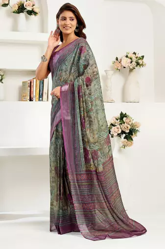 Multicolor printed linen pre draped  saree with blouse