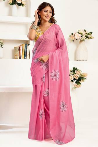 Pink printed linen pre draped  saree with blouse