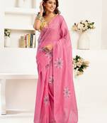 Pink printed linen pre draped  saree with blouse