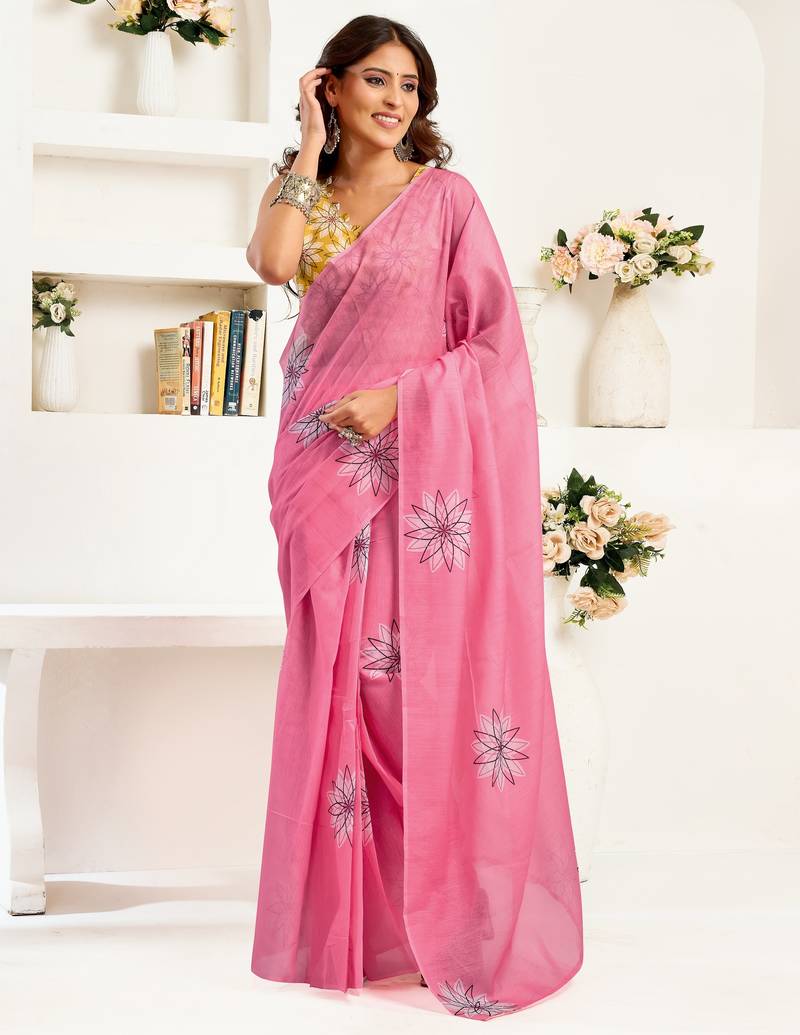 Pink printed linen pre draped  saree with blouse