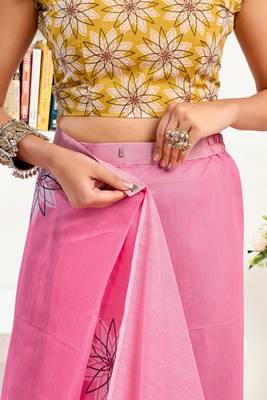Pink printed linen pre draped  saree with blouse 2