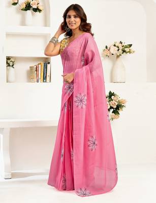 Pink printed linen pre draped  saree with blouse 4