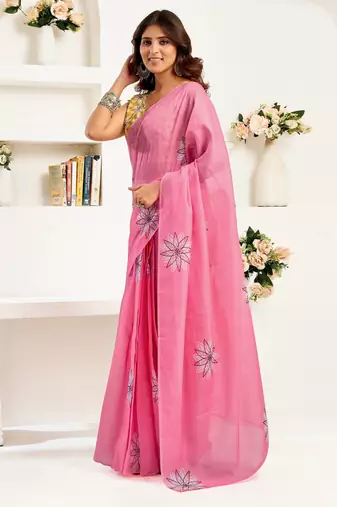 Pink printed linen pre draped  saree with blouse