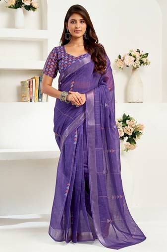 Purple printed linen pre draped  saree with blouse