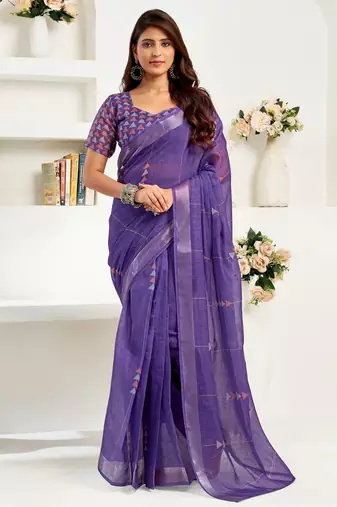 Purple printed linen pre draped  saree with blouse