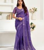 Purple printed linen pre draped  saree with blouse