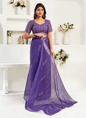 Purple printed linen pre draped  saree with blouse 3