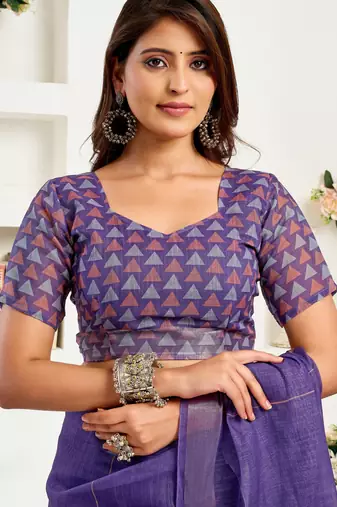 Purple printed linen pre draped  saree with blouse