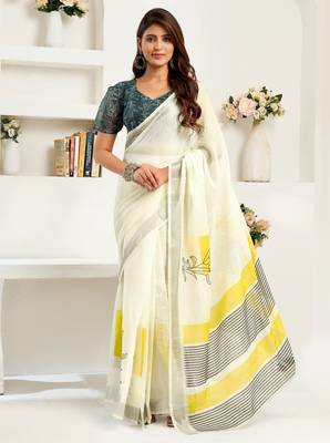 White printed linen pre draped  saree with blouse 1